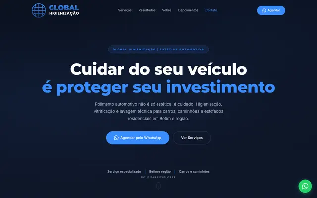 Página inicial do site Global Higienização